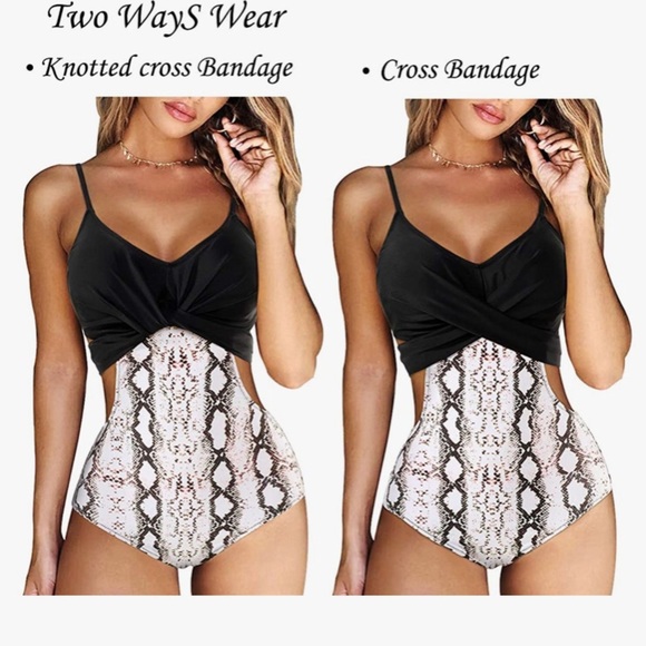 Women Front Cross Cutout One Piece Print Swimsuit - Picture 2 of 9